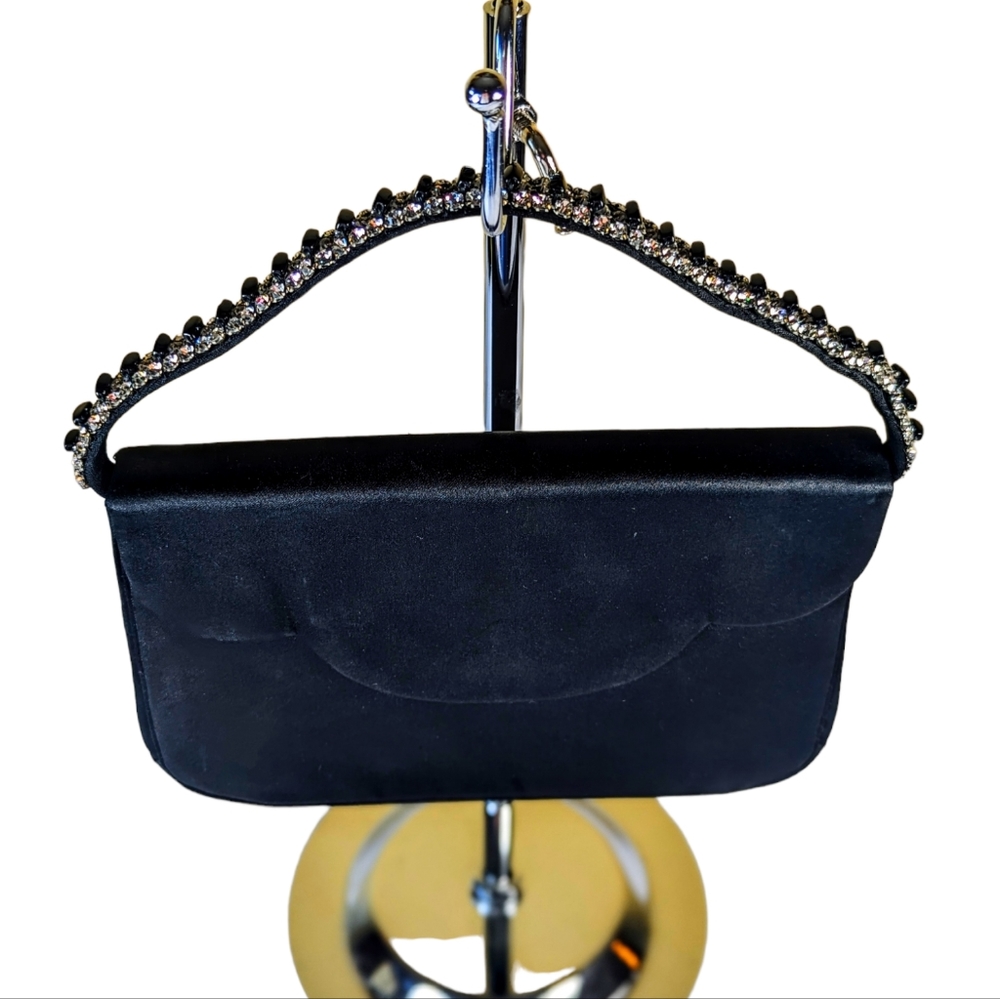 Vintage 50s Magid Black Satin Evening Bag With Rhinestone Handle